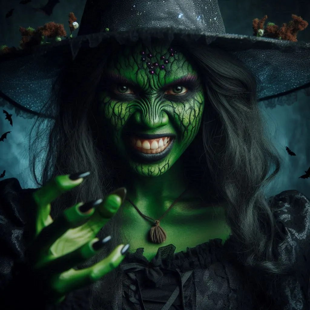 Bruxa de halloween com uma cara feia de pele verde lançando um feitiço